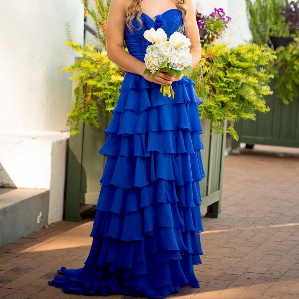 Sherri Hill Royal Blue Tiered Ruffle Strapless Prom Dress